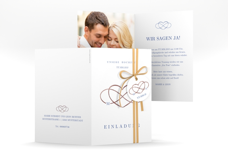 Einladungskarte Hochzeit Infinity A6 Klappkarte hoch blau rosegold