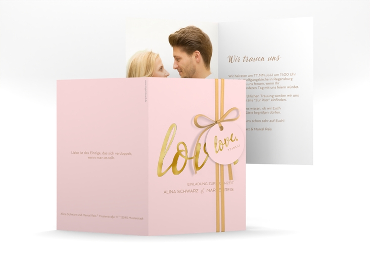 Einladungskarte Hochzeit Glam A6 Klappkarte hoch rosa gold