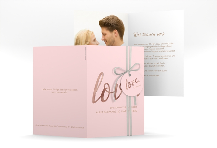 Einladungskarte Hochzeit Glam A6 Klappkarte hoch rosa rosegold