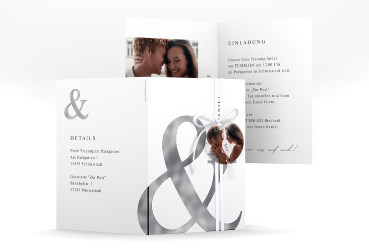 Einladungskarte Hochzeit And A6 Klappkarte hoch weiss silber