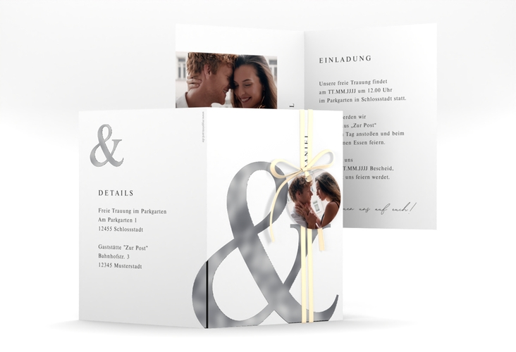 Einladungskarte Hochzeit And A6 Klappkarte hoch weiss silber