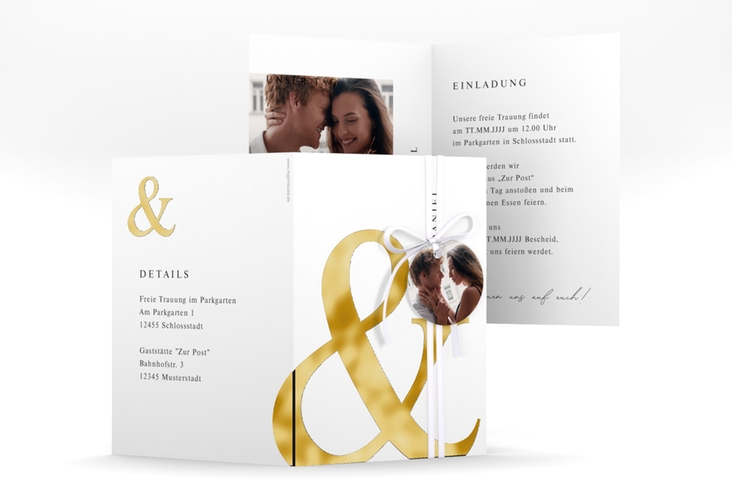 Einladungskarte Hochzeit And A6 Klappkarte hoch weiss gold