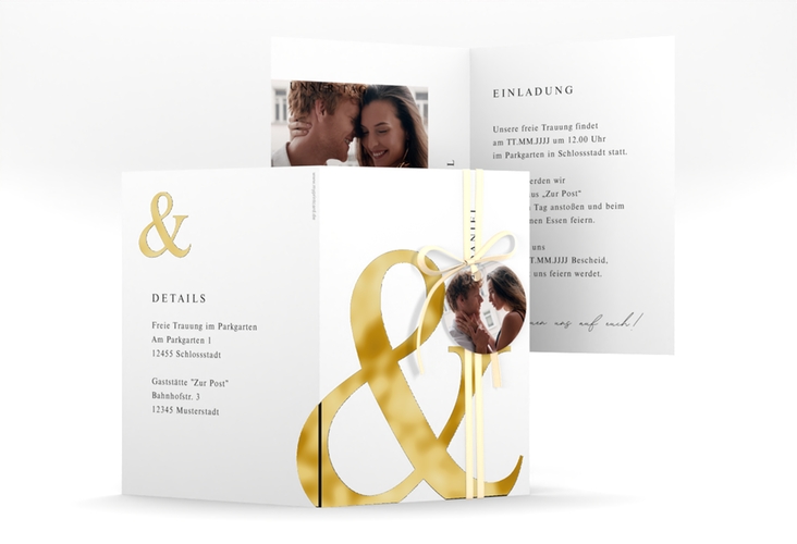 Einladungskarte Hochzeit And A6 Klappkarte hoch weiss gold