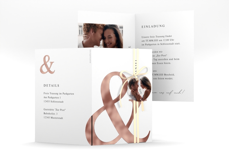 Einladungskarte Hochzeit And A6 Klappkarte hoch weiss rosegold