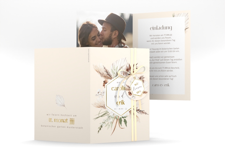 Einladungskarte Hochzeit Bohemian A6 Klappkarte hoch beige gold mit Gräsern und Trockenblumen für Boho-Hochzeit
