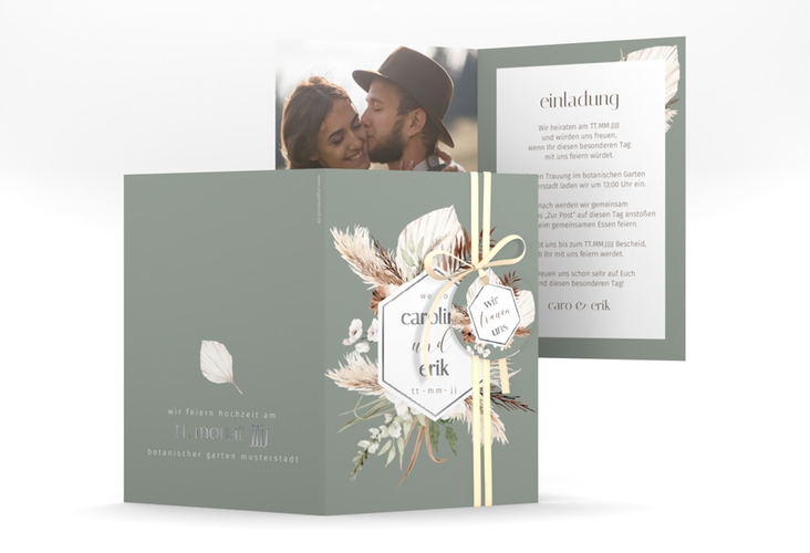 Einladungskarte Hochzeit Bohemian A6 Klappkarte hoch gruen silber mit Gräsern und Trockenblumen für Boho-Hochzeit