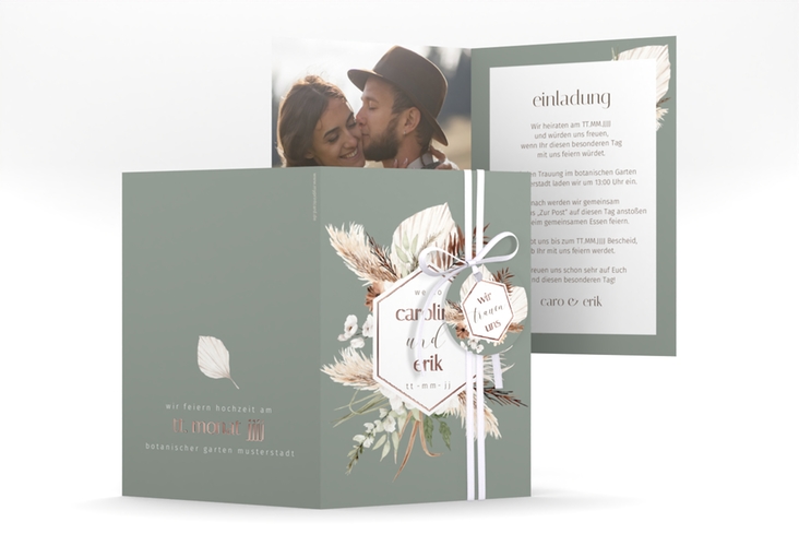 Einladungskarte Hochzeit Bohemian A6 Klappkarte hoch gruen rosegold mit Gräsern und Trockenblumen für Boho-Hochzeit