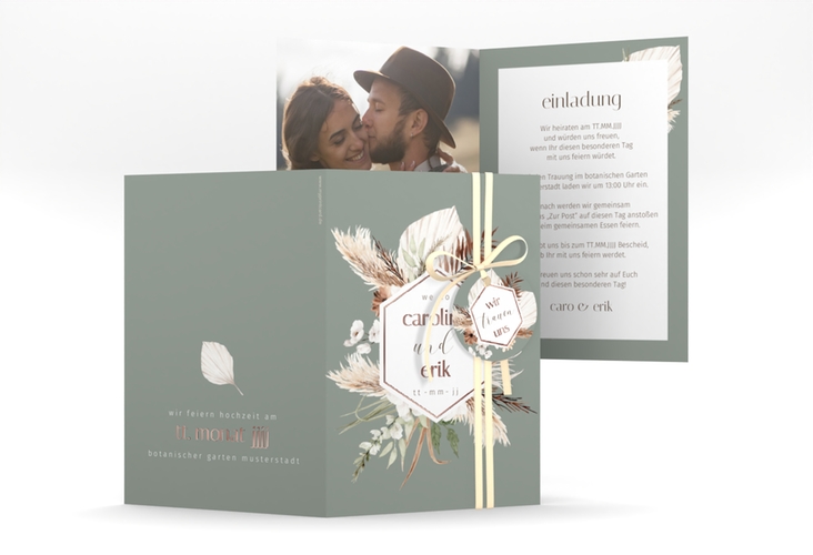 Einladungskarte Hochzeit Bohemian A6 Klappkarte hoch gruen rosegold mit Gräsern und Trockenblumen für Boho-Hochzeit