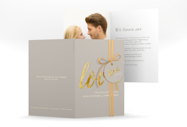 Einladungskarte Hochzeit Glam A6 Klappkarte hoch grau gold