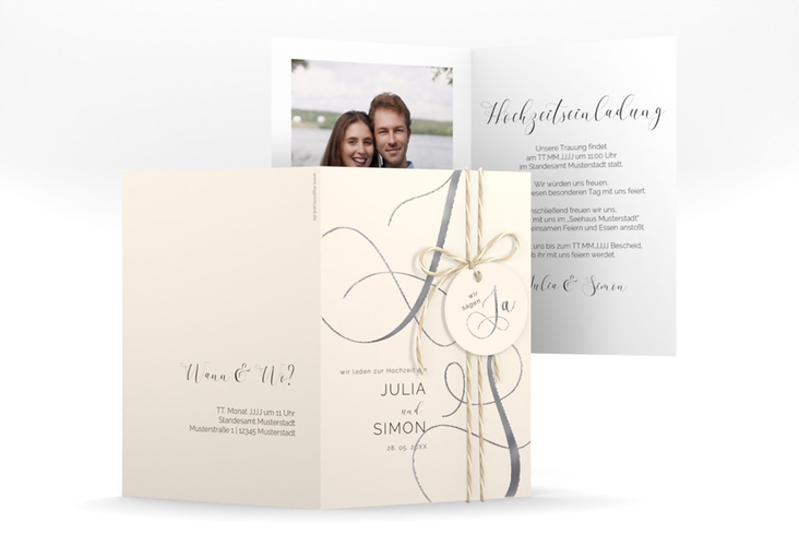 Hochzeitseinladung Eheschließung A6 Klappkarte hoch beige silber mit Gräsern und Trockenblumen für Boho-Hochzeit