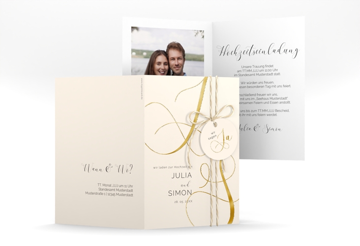 Hochzeitseinladung Eheschließung A6 Klappkarte hoch beige gold mit Gräsern und Trockenblumen für Boho-Hochzeit