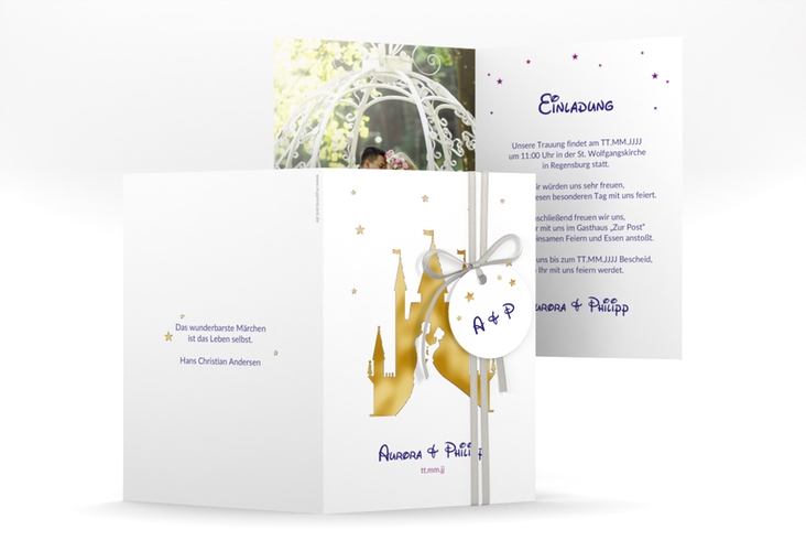 Einladungskarte Hochzeit Castle A6 Klappkarte hoch lila gold
