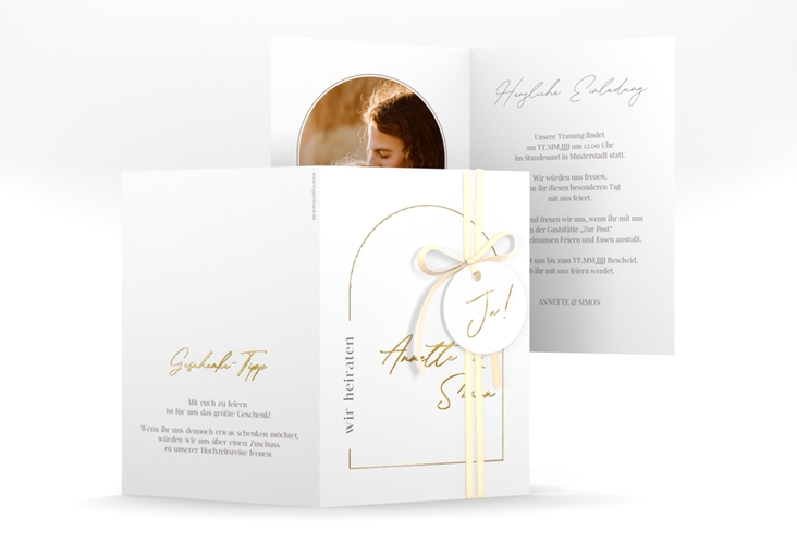 Einladungskarte Hochzeit Rundung A6 Klappkarte hoch weiss gold