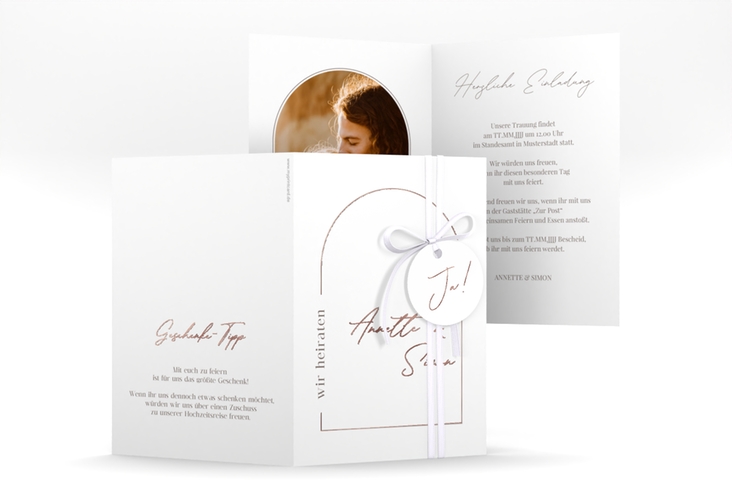 Einladungskarte Hochzeit Rundung A6 Klappkarte hoch weiss rosegold