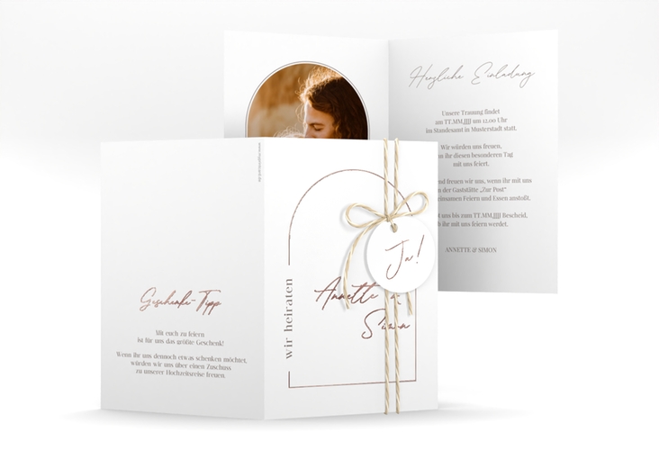 Einladungskarte Hochzeit Rundung A6 Klappkarte hoch weiss rosegold