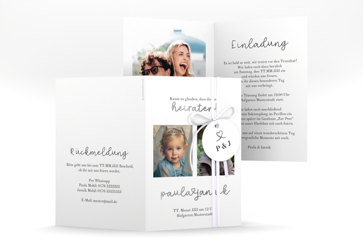 Einladungskarte Hochzeit Kindheitsfotos A6 Klappkarte hoch weiss silber