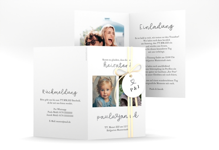 Einladungskarte Hochzeit Kindheitsfotos A6 Klappkarte hoch weiss silber