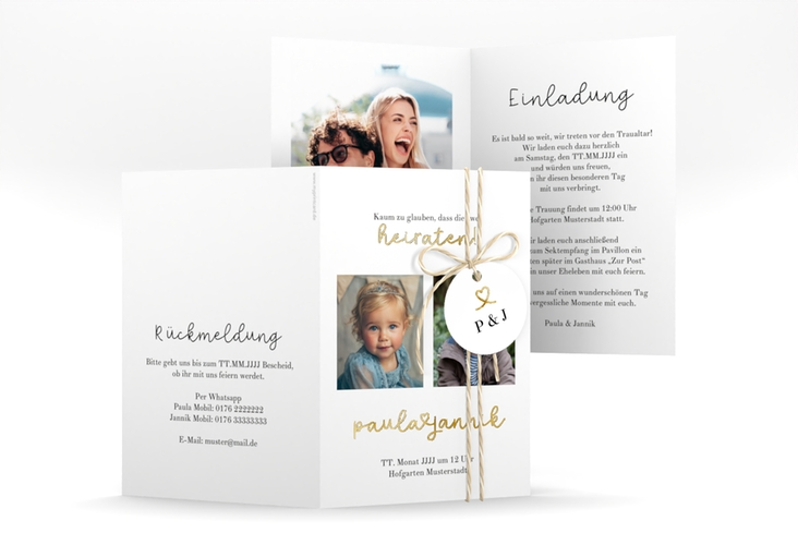 Einladungskarte Hochzeit Kindheitsfotos A6 Klappkarte hoch weiss gold
