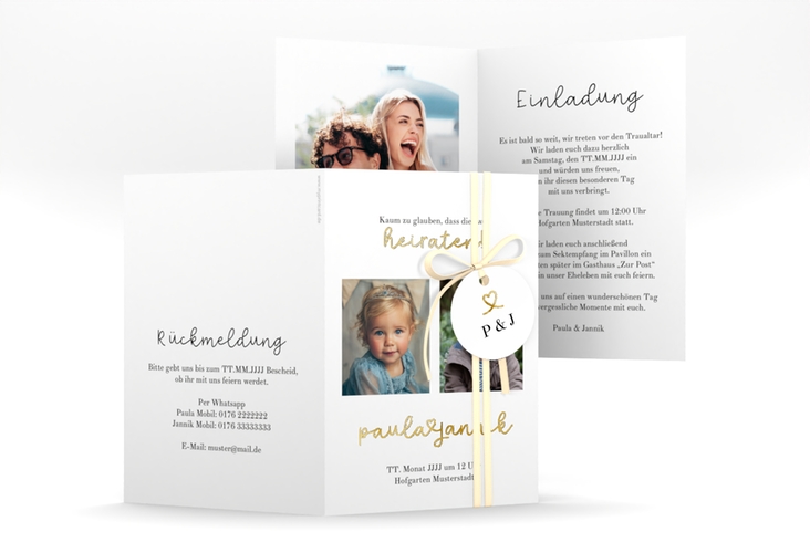Einladungskarte Hochzeit Kindheitsfotos A6 Klappkarte hoch weiss gold
