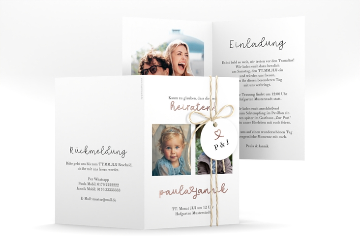 Einladungskarte Hochzeit Kindheitsfotos A6 Klappkarte hoch weiss rosegold