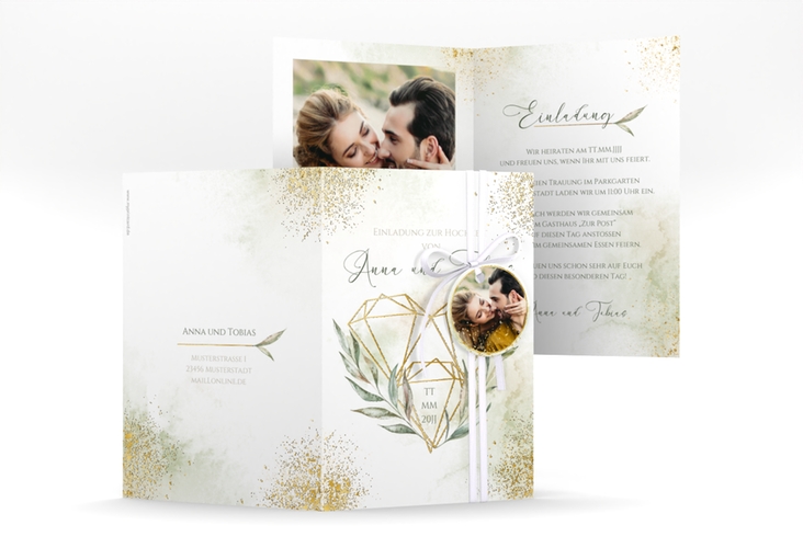 Einladungskarte Hochzeit Heartfelt A6 Klappkarte hoch weiss gold mit Diamanten im Geometric Design