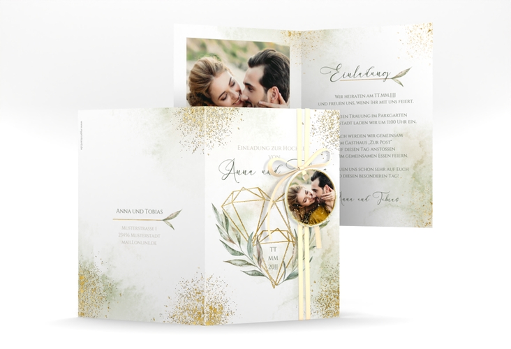 Einladungskarte Hochzeit Heartfelt A6 Klappkarte hoch weiss gold mit Diamanten im Geometric Design