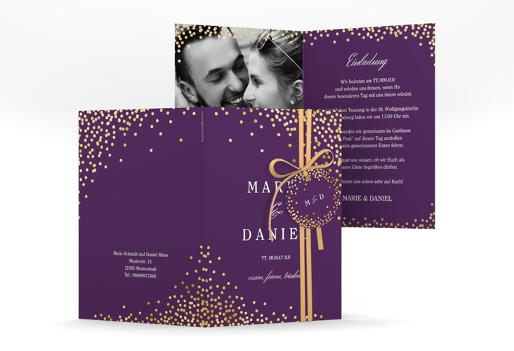 Einladungskarte Hochzeit Glitter A6 Klappkarte hoch lila gold