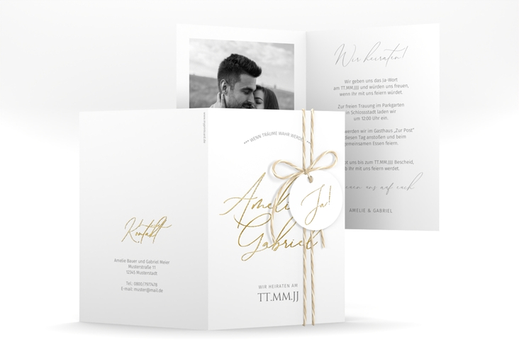 Einladungskarte Hochzeit Federschrift A6 Klappkarte hoch weiss gold in schlichtem Design mit Kalligrafie