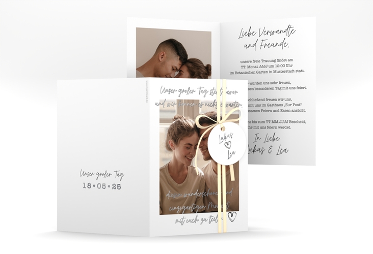 Einladungskarte Hochzeit Liebesbrief A6 Klappkarte hoch weiss silber