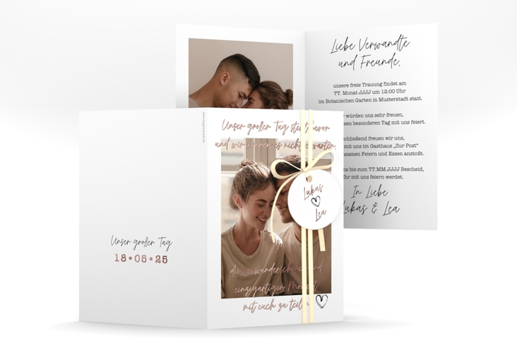 Einladungskarte Hochzeit Liebesbrief A6 Klappkarte hoch weiss rosegold