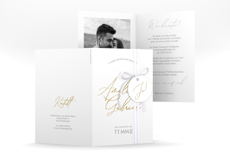 Einladungskarte Hochzeit Federschrift A6 Klappkarte hoch weiss gold in schlichtem Design mit Kalligrafie