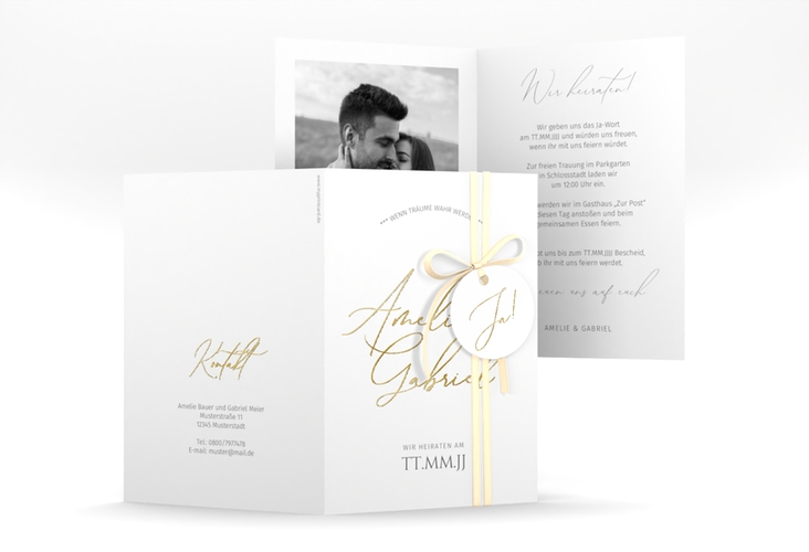Einladungskarte Hochzeit Federschrift A6 Klappkarte hoch weiss gold in schlichtem Design mit Kalligrafie
