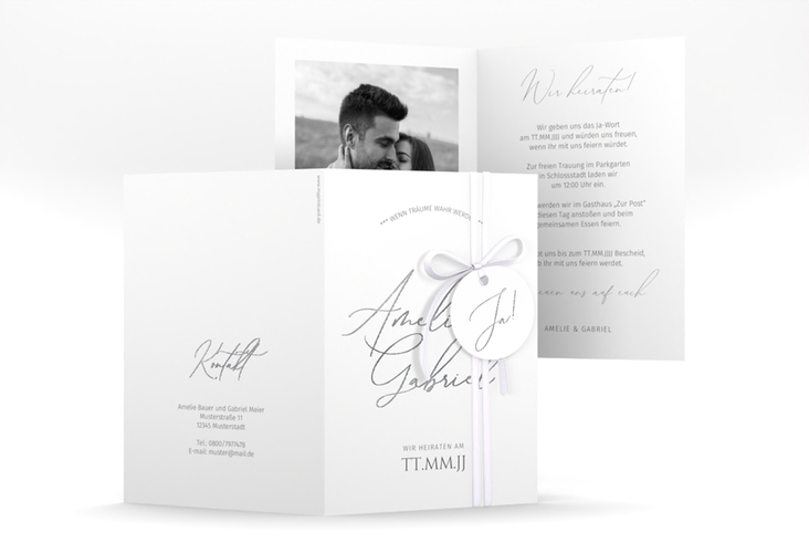 Einladungskarte Hochzeit Federschrift A6 Klappkarte hoch weiss silber in schlichtem Design mit Kalligrafie