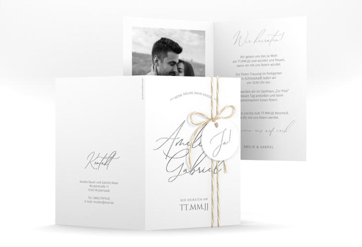 Einladungskarte Hochzeit Federschrift A6 Klappkarte hoch weiss silber in schlichtem Design mit Kalligrafie