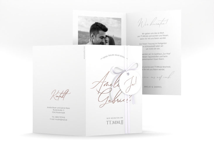 Einladungskarte Hochzeit Federschrift A6 Klappkarte hoch weiss rosegold in schlichtem Design mit Kalligrafie