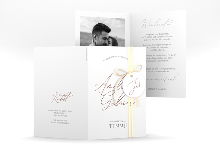 Einladungskarte Hochzeit Federschrift A6 Klappkarte hoch weiss rosegold in schlichtem Design mit Kalligrafie