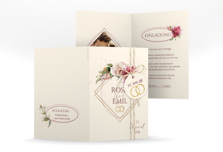 Einladungskarte Hochzeit Rosenbogen A6 Klappkarte hoch beige gold