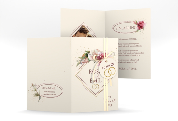 Einladungskarte Hochzeit Rosenbogen A6 Klappkarte hoch beige gold
