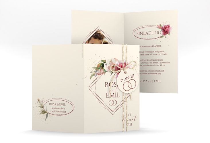 Einladungskarte Hochzeit Rosenbogen A6 Klappkarte hoch beige rosegold