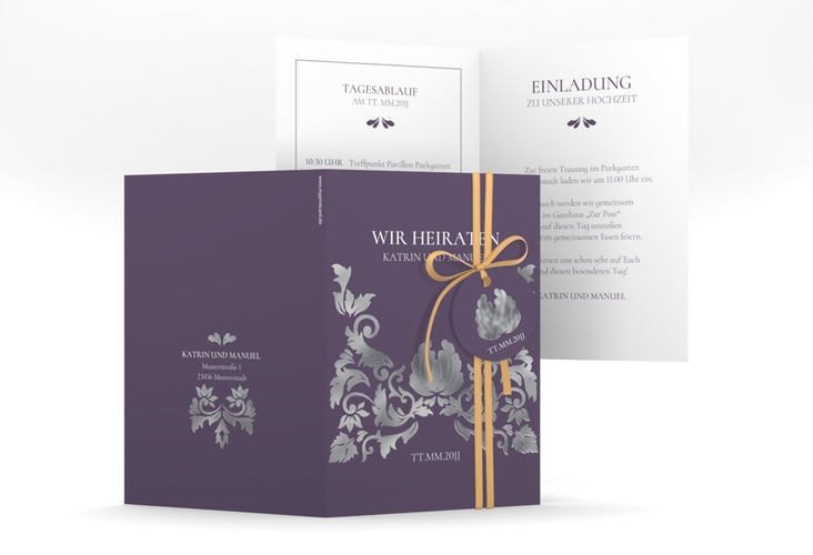 Einladungskarte Hochzeit Royal A6 Klappkarte hoch lila silber mit barockem Blumen-Ornament
