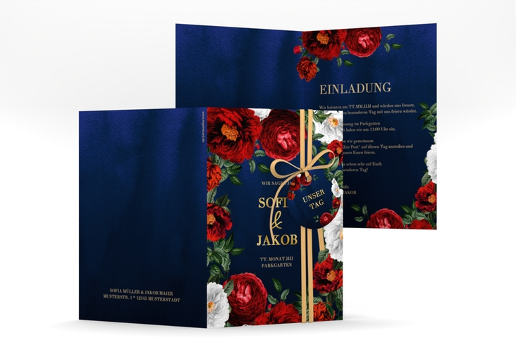 Einladungskarte Hochzeit Florista A6 Klappkarte hoch blau gold