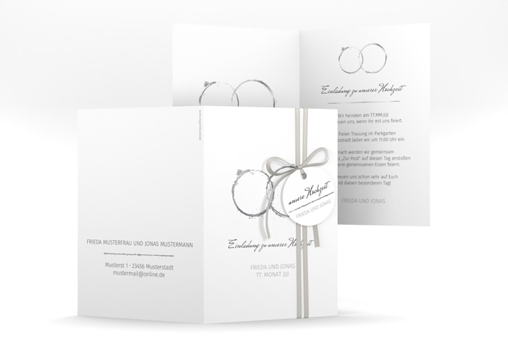 Einladungskarte Hochzeit Trauringe A6 Klappkarte hoch grau silber minimalistisch gestaltet mit zwei Eheringen