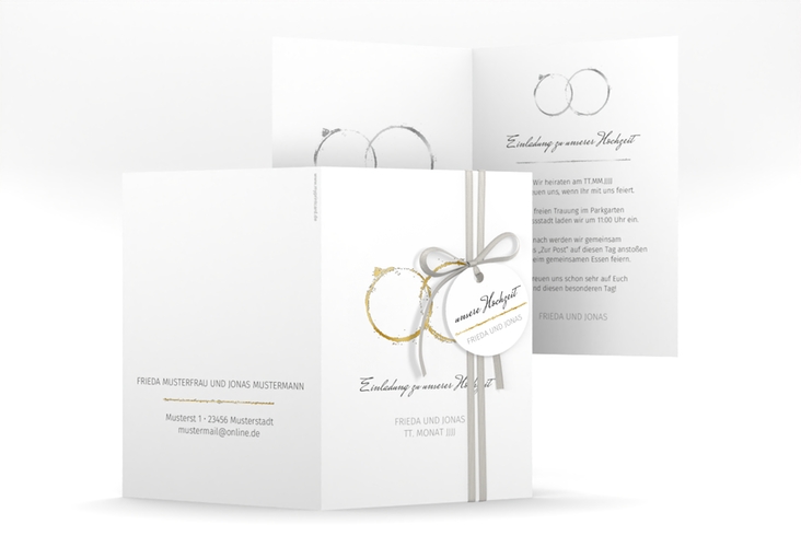 Einladungskarte Hochzeit Trauringe A6 Klappkarte hoch grau gold minimalistisch gestaltet mit zwei Eheringen