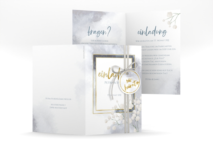 Einladungskarte Hochzeit Winter A6 Klappkarte hoch blau gold mit Schleierkraut