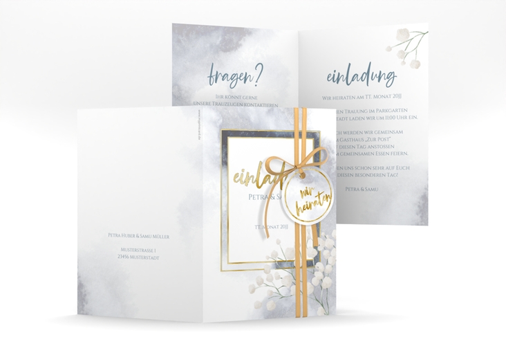 Einladungskarte Hochzeit Winter A6 Klappkarte hoch blau gold mit Schleierkraut