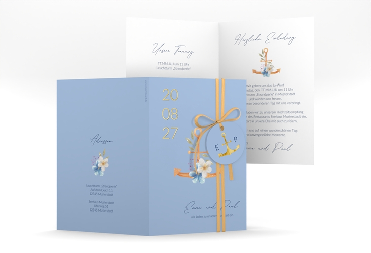Einladungskarte Hochzeit Anker Floral A6 Klappkarte hoch blau gold