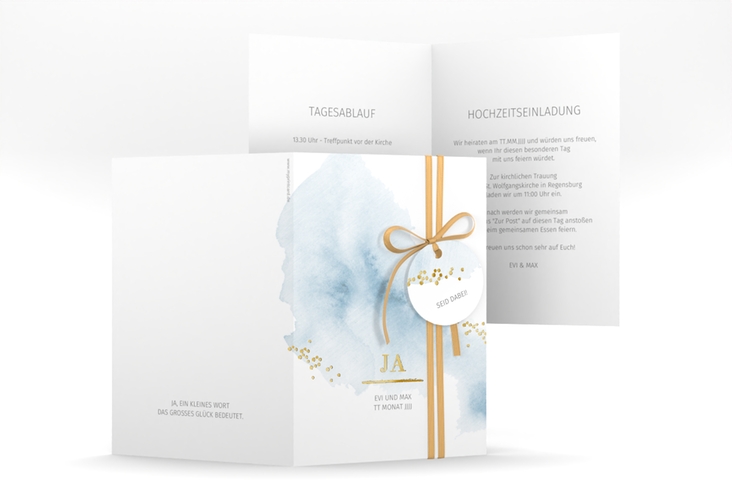 Einladungskarte Hochzeit Pastell A6 Klappkarte hoch blau gold