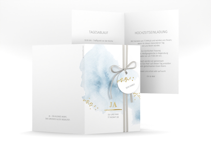 Einladungskarte Hochzeit Pastell A6 Klappkarte hoch blau gold