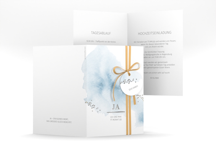 Einladungskarte Hochzeit Pastell A6 Klappkarte hoch blau silber