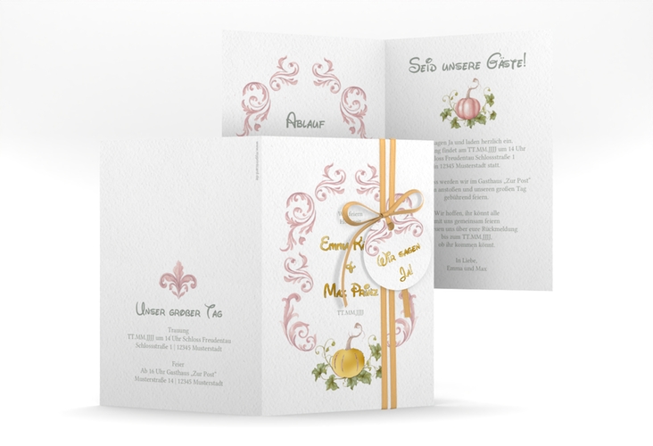 Einladungskarte Hochzeit Märchenhaft A6 Klappkarte hoch rosa gold